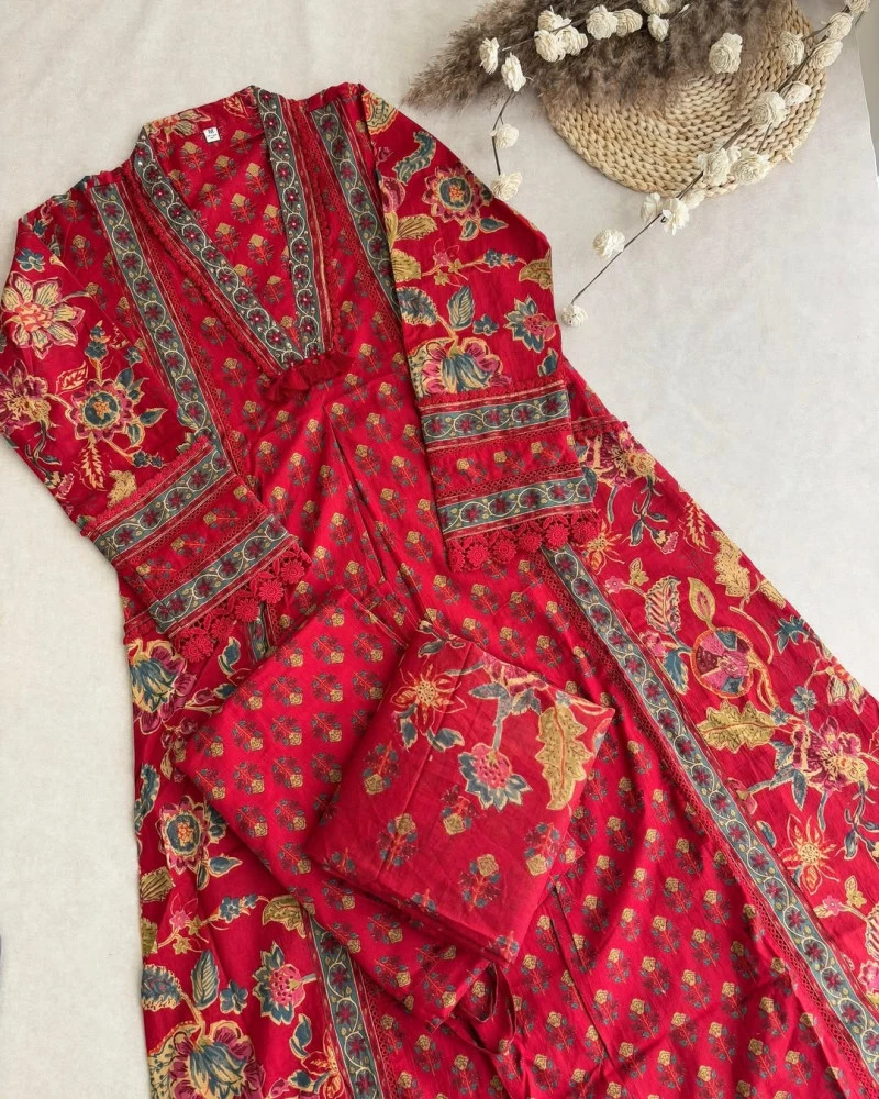 Anarkali Cotton Three-Piece White + Blue Print